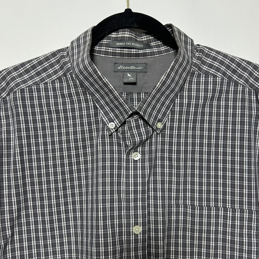 Eddie Bauer Mens 2XL Plaid Wrinkle‎ Free Relaxed Fit Button Down Shirt LS Gray